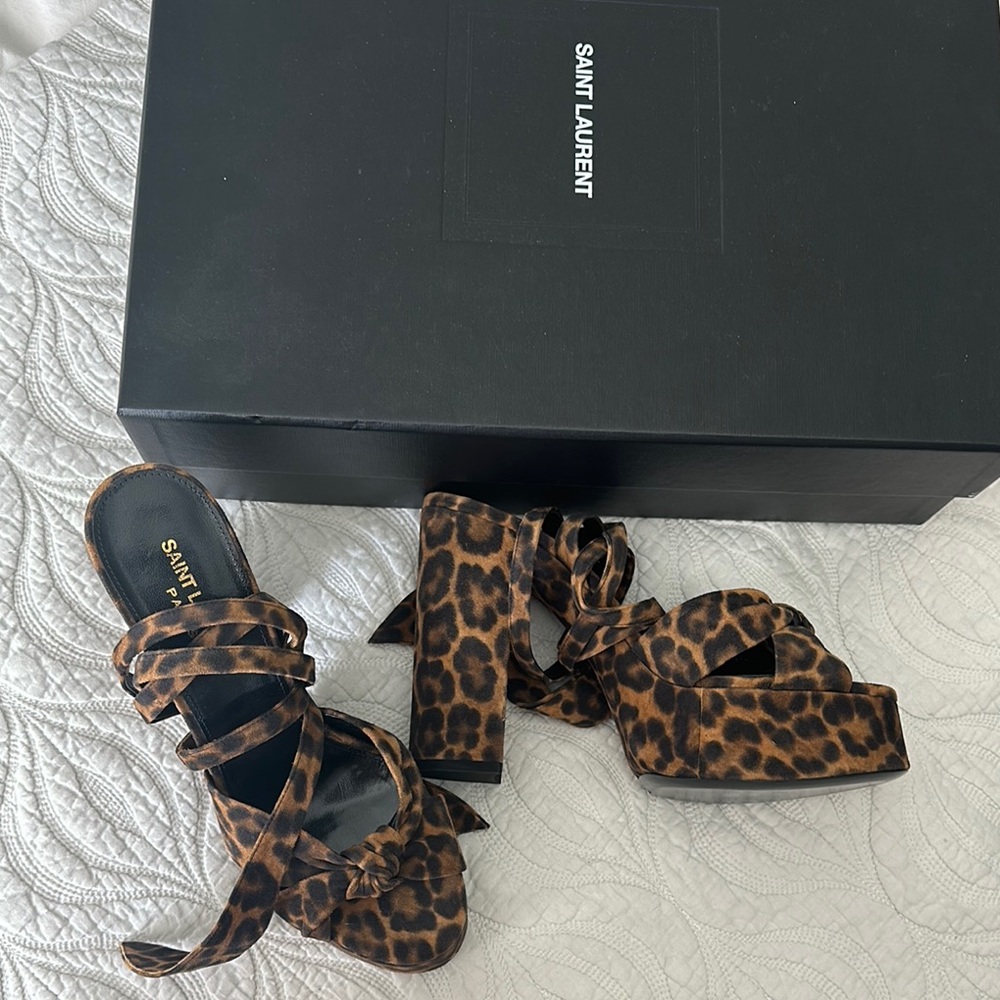 SAINT LAURENT Bianca Leopard Platform Sandals with Knot Front - Picture 2 of 6